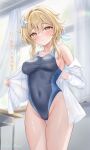  1girl absurdres alternate_costume bare_shoulders blonde_hair blue_one-piece_swimsuit blush breasts classroom commentary_request competition_swimsuit contemporary covered_navel cowboy_shot desk flower genshin_impact hair_between_eyes hair_flower hair_ornament highleg highleg_one-piece_swimsuit highres indoors lilith_bread looking_at_viewer lumine_(genshin_impact) medium_breasts one-piece_swimsuit open_clothes open_shirt parted_lips school_desk shirt short_hair_with_long_locks solo sunlight swimsuit translation_request two-tone_one-piece_swimsuit white_flower white_shirt window yellow_eyes 