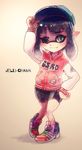  adjusting_clothes adjusting_hat alternate_hair_length alternate_hairstyle arm_up bike_shorts black_hair blush buttons domino_mask fang full_body green_eyes hat inkling jacket long_sleeves looking_at_viewer mask one_eye_closed pointy_ears shoes short_hair sidelocks simple_background solo splatoon_(series) splatoon_1 standing takuzou tentacle_hair yellow_background 