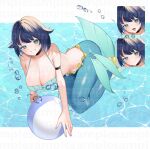 1girl air_bubble armlet azuki_anko ball beachball bikini black_choker blue_background blue_hair blue_nails blue_tail breasts bubble choker cleavage commentary_request commission english_text fins fukami_nana_(awono_nanaumi) green_eyes hair_flaps highres jewelry large_breasts medium_hair merfolk mermaid monster_girl nail_polish open_mouth original projected_inset reference_inset shell shell_bikini skeb_commission smile solo swimsuit water watermark 