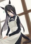  1girl absurdres ahoge animal_ears apron black_dress black_hair blunt_ends bow bowtie closed_mouth commentary_request dress ear_ornament ear_tag earrings frilled_apron frills hair_between_eyes highres horse_ears horse_girl horse_tail jewelry long_bangs long_hair long_hair_between_eyes long_sleeves looking_at_viewer maid_headdress manhattan_cafe_(umamusume) multicolored_hair puffy_sleeves single_earring smile solo tail tp_tof umamusume very_long_hair white_apron white_bow white_bowtie white_hair yellow_eyes 