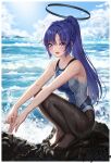  1girl absurdres black_pantyhose blue_archive blue_one-piece_swimsuit breasts cang_se_ye_hua competition_swimsuit day grey_one-piece_swimsuit halo highleg highleg_one-piece_swimsuit highres long_hair mechanical_halo medium_breasts ocean one-piece_swimsuit outdoors pantyhose pantyhose_under_swimsuit ponytail purple_eyes purple_hair rock solo squatting swimsuit two-tone_one-piece_swimsuit very_long_hair yuuka_(blue_archive) 