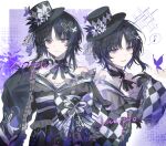  1girl anandebaba bare_shoulders black_gloves black_hair black_hat black_kimono bug butterfly butterfly_hair_ornament butterfly_hat_ornament checkered_sleeves chinese_commentary commentary_request commission cowboy_shot flower frilled_sleeves frills gloves hair_ornament hat hat_flower hat_ornament highres housho_margo japanese_clothes kimono lolita_fashion long_sleeves looking_at_viewer mahou_shoujo_no_majo_saiban mini_hat mini_top_hat multiple_views musical_note open_mouth parted_bangs purple_background purple_butterfly purple_eyes sample_watermark short_hair smile spoken_musical_note top_hat wa_lolita watermark wide_sleeves 