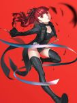  1girl black_boots black_choker black_coat black_leotard boots breasts choker cleavage coat collarbone commentary frilled_sleeves frills highres joao_(moitaartwork) leotard long_hair metal_flower open_clothes open_coat outstretched_arms parted_lips persona persona_5 ponytail red_background red_eyes red_hair solo spread_arms sword tailcoat thigh_boots violet_(persona_5) weapon yoshizawa_kasumi 
