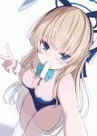  1girl animal_ears aqua_bow aqua_bowtie blonde_hair blue_archive blue_eyes blue_hairband blue_halo blue_leotard blue_streaks blush bow bowtie breasts commentary_request detached_collar fake_animal_ears food food_in_mouth from_above hairband halo highleg highleg_leotard highres large_breasts leotard long_hair looking_at_viewer mashiro281 melting_popsicle mouth_hold multicolored_hair official_alternate_costume playboy_bunny popsicle popsicle_in_mouth rabbit_ears solo strapless strapless_leotard streaked_hair thighhighs thighs toki_(blue_archive) toki_(bunny)_(blue_archive) white_thighhighs white_wrist_cuffs wrist_cuffs 