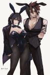  1boy 1girl alternate_costume animal_ear_hairband animal_ears anton_ivanov black_bow black_bowtie black_choker black_hair black_jacket black_leotard black_pants black_pantyhose bow bowtie breasts choker cleavage covered_navel fake_animal_ears grace_howard grey_background hair_between_eyes hairband highres jacket large_breasts leotard looking_at_viewer male_playboy_bunny multicolored_hair open_mouth pants pantyhose pectoral_cleavage pectorals playboy_bunny rabbit_ear_hairband rabbit_ears red_eyes red_hair red_streaks streaked_hair yasiro_hayate zenless_zone_zero 
