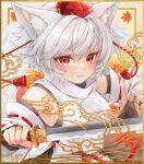  1girl animal_ear_fluff animal_ears breasts bridal_gauntlets closed_mouth commentary_request detached_sleeves grey_hair hat holding holding_sword holding_weapon inubashiri_momiji katana looking_at_viewer marker_(medium) medium_breasts pom_pom_(clothes) red_eyes red_hat ribbon-trimmed_sleeves ribbon_trim s.mamiya shikishi short_hair sideboob smile solo sword tail tokin_hat touhou traditional_media upper_body watermark weapon wolf_ears wolf_girl wolf_tail 