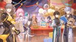  3girls 5boys absurdres ahoge antenna_hair armor arms_behind_back backless_leotard balloon black_gloves black_jacket black_leotard black_pants black_shirt blue_eyes blue_skirt book bottle box breasts bronya_rand brown_hair caelus_(honkai:_star_rail) cake camera cat_girl cat_tail chest_tattoo cipher_(honkai:_star_rail) coat commentary cowboy_shot crossed_arms cup dan_heng_(honkai:_star_rail) dan_heng_(hunt)_(honkai:_star_rail) drinking_glass earrings english_commentary fingerless_gloves food gift gloves green_eyes grey_hair guest_art hair_between_eyes highres holding holding_book holding_box holding_camera honkai:_star_rail honkai_(series) hooded_leotard in_container in_trash_can jacket jewelry leotard long_hair looking_at_another looking_at_viewer march_7th_(honkai:_star_rail) march_7th_(preservation)_(honkai:_star_rail) medium_breasts multicolored_eyes multiple_boys multiple_girls mydei_(honkai:_star_rail) open_mouth pants parted_lips peeking_out phainon_(honkai:_star_rail) pink_eyes pink_hair pointing pointing_at_another purple_eyes purple_hair red_tattoo sampo_koski second-party_source seele_(honkai:_star_rail) shirt short_hair shoulder_armor skirt smile tail tanemaki_monaka tattoo trailblazer_(honkai:_star_rail) trash_can two-tone_eyes very_long_hair wanted_poster white_coat white_hair white_shirt yellow_eyes 