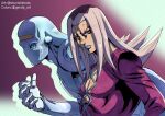  1boy 1other araki_hirohiko_(style) blue_lips blue_skin brown_hat coat colored_skin colorized commentary cross-laced_clothes drop_shadow english_commentary genda_art grey_hair hat hatching_(texture) instagram_username ishimoto_shun'ichi jojo_no_kimyou_na_bouken leone_abbacchio long_hair long_sleeves looking_at_viewer makeup male_focus moody_blues_(stand) official_style orange_eyes pectoral_cleavage pectorals pink_coat plunging_neckline spiked_hair stand_(jojo) twitter_username upper_body vento_aureo 