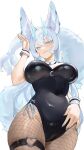  1girl animal_ear_fluff animal_ears black_leotard blue_eyes blue_horns breasts closed_mouth collar commentary commission covered_navel crescent detached_collar eden_(vtuber) english_commentary fishnet_pantyhose fishnets heart heart_o-ring highres horns indie_virtual_youtuber leotard long_hair o-ring o-ring_thigh_strap pantyhose solo tail thigh_strap white_collar white_wrist_cuffs wrist_cuffs yoshiii 