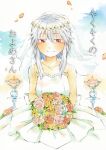 1girl absurdres alternate_costume blush bouquet candle carrying closed_mouth commentary_request cover cover_page doujin_cover dress earrings falling_petals flower flower_request grey_hair hellebore hibiscus highres hijiki_(hijiri_st) holding holding_bouquet izayoi_sakuya jewelry lily_(flower) orange_flower orange_petals petals red_eyes red_flower rose smile solo strapless strapless_dress touhou translation_request wedding_dress white_dress white_flower yellow_flower 