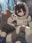  >_< 1boy black_hair brown_coat brown_pants closed_eyes coat day forest furret highres itsudzumi kieran_(pokemon) male_focus nature outdoors pants petting pokemon pokemon_(creature) sitting smile snow winter_clothes 