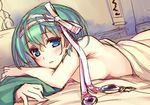  aqua_eyes blanket chika_mitsurugi green_hair hair_ribbon hairband kanpani_girls lying on_bed on_stomach ribbon short_hair solo topless yukichin 