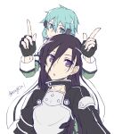  1boy 1girl :o aqua_eyes aqua_hair armor armored_coat artist_name asagi501 black_coat black_gloves black_hair black_trim chest_guard closed_mouth coat commentary_request double-parted_bangs fingerless_gloves gloves green_jacket hair_between_eyes hair_ornament hairclip highres horns_pose jacket kirito kirito_(sao-ggo) long_hair long_sleeves looking_at_viewer medium_hair messy_hair multicolored_jacket parted_lips purple_eyes scarf simple_background sinon smile split_mouth straight_hair sword_art_online tassets trap twitter_username two-tone_jacket upper_body white_armor white_background white_jacket white_scarf white_trim 