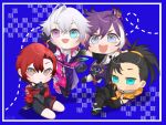  4boys :3 :d absurdres ahoge aqua_eyes banzoin_hakka banzoin_hakka_(1st_costume) black_bodysuit black_gloves black_hair black_pants blue_background blue_eyes bodysuit boots bracelet chibi chibi_only coat commentary cropped_jacket crossed_legs elbow_gloves fang flower fur-trimmed_jacket fur_trim gavis_bettel gavis_bettel_(1st_costume) gloves hadanugi_dousa hakama hakama_pants hand_on_own_face hat heterochromia highres holding holding_unworn_clothes holding_unworn_hat holostars holostars_english holotempus jacket japanese_clothes jewelry josuiji_shinri josuiji_shinri_(1st_costume) kimono lily_(flower) long_hair machina_x_flayon machina_x_flayon_(1st_costume) male_focus medium_hair multicolored_coat multicolored_hair multiple_boys nesaki okobo open_mouth orange_jacket pants pink_eyes pink_hair platform_sandals ponytail print_coat purple_hair purple_sash reclining red_hair red_jacket sandals sash shadow short_hair single_hair_streak sitting smile socks streaked_hair striped_clothes striped_coat teeth thigh_boots toe_cleavage top_hat untranslatable_commentary unworn_hat unworn_headwear upper_teeth_only vertical-striped_clothes vertical-striped_coat virtual_youtuber white_hair white_kimono white_socks white_streaks yokozuwari 