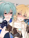  2boys aether_(genshin_impact) ahoge armor belt black_belt black_gloves blonde_hair blue_gloves blue_shirt blush coat collared_shirt crop_top earrings empty_eyes genshin_impact gloves gold_trim green_hair grey_background hair_between_eyes hair_intakes hand_on_another's_cheek hand_on_another's_face heart highres jewelry kiss kissing_hand kmtuz lohen_(genshin_impact) long_hair long_sleeves male_focus mole mole_under_eye multicolored_gloves multiple_boys scarf shirt short_hair shoulder_armor single_earring sweatdrop two-tone_gloves white_scarf yaoi yellow_eyes 