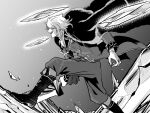  1boy ascot attack boots cleaver coat cryokinesis fang fighting_stance floating_clothes floating_hair formal_clothes fur_coat gloves hair_over_eyes holding holding_cleaver ice incoming_attack metarogu monochrome overcoat smile solo tsukihime tsukihime_(remake) vlov_arkhangel weapon 