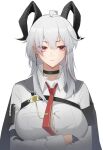  1girl arm_pouch armband arms_under_breasts black_armband black_choker black_horns breasts button_gap cape chest_harness choker collared_shirt commentary crossed_arms earrings english_commentary harness highres horns jewelry key_earrings long_hair multicolored_hair necktie red_eyes red_necktie red_streaks shirt simple_background solo soyokuru streaked_hair white_background white_hair wuthering_waves zani_(wuthering_waves) 