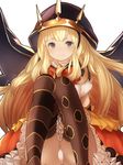  ass bangs blonde_hair blue_eyes blunt_bangs blush bow bowtie brown_legwear cagliostro_(granblue_fantasy) cape frilled_skirt frills granblue_fantasy hood long_hair looking_at_viewer md5_mismatch mismatched_legwear panties pantyshot pantyshot_(sitting) shirt short_sleeves simple_background sitting skirt solo striped striped_legwear tobimura underwear vertical-striped_legwear vertical_stripes very_long_hair wavy_mouth white_background white_panties white_shirt white_skirt 
