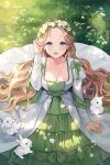 1girl animal arm_at_side arm_support artist_name blue_eyes blush bow breasts brown_hair cleavage collarbone commentary curtained_hair day dress dress_bow flower flower_wreath forehead frilled_dress frilled_sleeves frills from_above grass green_bow green_dress hand_up head_wreath highres juliet_sleeves light_particles lips long_dress long_hair long_sleeves looking_at_viewer looking_up mattosan medium_breasts on_ground original outdoors parted_lips puffy_sleeves rabbit sidelighting sitting straight-on sunlight tareme two-tone_dress very_long_hair wavy_hair white_dress white_flower white_rabbit_(animal) 