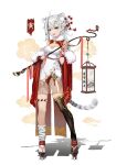  1girl ahoge animal_ears asymmetrical_legwear black_socks blue_eyes breasts chinese_clothes commentary ctrl+z full_body grey_hair highres holding holding_lantern lantern long_hair looking_at_viewer loose_socks new_year original small_breasts socks tail thigh_strap tiger_ears tiger_girl tiger_tail 