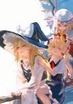  3girls absurdres apron ascot black_hat black_skirt black_vest blonde_hair bow chinese_commentary closed_mouth commentary_request crystal crystal_wings flandre_scarlet hair_bow hair_ribbon hat hat_bow highres hjwhuhu kirisame_marisa long_hair mary_janes mob_cap multicolored_wings multiple_girls open_mouth red_ascot red_eyes red_shoes red_skirt red_vest ribbon rumia shoes simple_background skirt skirt_set smile socks touhou very_long_hair vest waist_apron white_apron white_background white_bow white_hat white_socks wings witch_hat yellow_ascot yellow_eyes 
