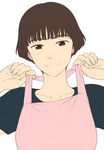  adjusting_clothes apron brown_eyes brown_hair closed_mouth flat_color gake_no_ue_no_ponyo jas lisa_(ponyo) looking_down pink_apron shirt short_hair simple_background smile solo strap_lift studio_ghibli upper_body white_background 
