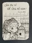  1girl arm_ribbon commentary_request dress english_commentary haniwa_(statue) haniyasushin_keiki headscarf highres holding jewelry long_hair magatama magatama_necklace mixed-language_commentary necklace one_eye_closed photo_(medium) ribbon single_strap solo suteruko touhou traditional_media translated vietnamese_text 