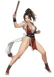  1girl bare_legs breasts bridal_legwear brown_eyes brown_hair cleavage commentary commentary_request fighting_stance folded_fan folding_fan full_body h4sh1rnoto hand_fan high_ponytail highres holding holding_fan japanese_clothes large_breasts mixed-language_commentary narrow_waist ninja obi pelvic_curtain ponytail revealing_clothes sash shiranui_mai simple_background sleeveless the_king_of_fighters white_background wrist_guards 