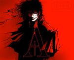  1boy alucard_(hellsing) ascot blood blood_on_face capelet commentary_request fang hellsing highres limited_palette male_focus partially_shaded_face red_theme revision signature smile solo toshimichi_yukari watermark 