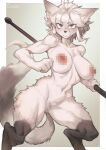  1girl animal_ear_fluff animal_ears animal_legs animal_nose blue_eyes blush body_fur breasts censored clenched_teeth completely_nude cowboy_shot cowlick digitigrade dinah_(unicorn_overlord) fluffy fox_ears fox_girl fox_tail furry furry_female hair_between_eyes holding holding_polearm holding_weapon iparupua large_breasts looking_at_viewer mosaic_censoring nipples nude polearm pussy short_hair signature small_sweatdrop solo tail teeth unicorn_overlord weapon white_fur white_hair 
