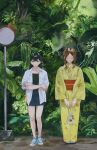  2girls absurdres aqua_shoes bag bang_dream! bang_dream!_it's_mygo!!!!! black_hair black_shirt blue_dress brown_hair closed_mouth commentary_request crossed_arms dress facing_viewer floral_print floral_print_kimono foliage full_body highres holding holding_bag holding_kinchaku japanese_clothes kimono kinchaku multiple_girls nagasaki_soyo obi obijime okobo open_clothes open_shirt outdoors plant platform_sandals pouch print_kimono purple_eyes rainbow_hose red_sash sandals sash shiina_taki shirt shirt_under_shirt shoelaces shoes sidelocks sideways_glance sneakers standing tabi undershirt white_shirt yellow_kimono 
