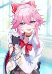  1girl absurdres animal_ears asymmetrical_gloves black_gloves breasts commentary elidrich_lee english_commentary evanescia_(honkai:_star_rail) fox_ears fox_girl gloves highres honkai:_star_rail honkai_(series) large_breasts looking_at_viewer mismatched_gloves own_hands_together pink_hair purple_eyes shirt short_hair_with_long_locks solo tongue tongue_out white_gloves white_shirt 