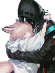  1girl 1other absurdres ambiguous_gender animal_ear_fluff animal_ears arknights black_gloves black_jacket blue_eyes brown_hair doctor_(arknights) english_commentary fox_ears fox_tail gloves hair_between_eyes highres hood hood_up hooded_jacket hug jacket light_blush long_sleeves mutual_hug omote_m0nl rhodes_island_uniform robe simple_background smile sussurro_(arknights) tail visor_cap white_background white_gloves white_jacket 