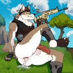 1:1 5_fingers ambiguous_fluids animal_genitalia anthro anus balls bodily_fluids boots brown_body brown_fur butt canid canine canis claws clothing cloud colored cum cum_in_ass cum_inside day dialogue digital_media_(artwork) english_text epic_games erection eyebrows fingers footwear fortnite fur genital_fluids genitals gloves grass handwear hi_res knot kretii legs_up lying lying_on_grass lying_on_ground male mammal on_grass on_ground outside paws plant presenting sheath shoes sky smile solo text tuft wendell_(fortnite) wolf