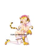  1girl ahegao animal_ears animal_hands bare_shoulders blonde_hair blush bra breasts bridal_veil bride claws clothes_pull collarbone cum detached_collar fangs flower flower_on_head full_body fur-trimmed_bra fur-trimmed_thighhighs fur_trim green_eyes groin head_wreath high_heels highres kneeling micro_panties miniskirt navel nipples panties panty_pull pink_flower pink_panties pink_rose revealing_clothes rose shoes short_hair skirt skirt_pull small_breasts smile solo strapless strapless_bra tail taimanin_(series) taimanin_rpgx thighhighs tiger_ears tiger_girl tiger_tail tongue tongue_out torajiro_(taimanin_series) underwear veil watermark white_background white_bra white_skirt white_thighhighs yellow_shoes zol 