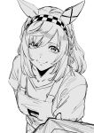  1girl animal_ears braid buena_vista_(umamusume) checkered_hairband closed_mouth clothes_grab commentary crown_braid ear_covers greyscale hairband highres horse_ears horse_girl long_hair looking_at_viewer monochrome original_race_uniform_(umamusume) pov race_bib shirt simple_background smile solo sugarbeat umamusume untranslatable_commentary white_background 