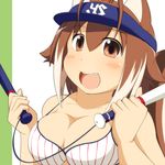  absurdres animal_ears baseball_bat blazblue blush bra breasts brown_hair cleavage fat highres large_breasts looking_at_viewer makoto_nanaya mirano nippon_professional_baseball open_mouth short_hair smile solo squirrel_ears squirrel_tail tail tokyo_yakult_swallows underwear visor_cap 