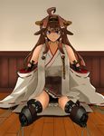  ahoge brown_hair cable cyborg damaged detached_sleeves double_bun hair_ornament hairband headgear highres japanese_clothes kantai_collection kashiyuki kongou_(kantai_collection) long_hair nontraditional_miko parts_exposed science_fiction sitting skirt solo 