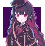  1girl alternate_costume black_hat black_jacket braid braided_twintails colored_inner_hair diamond_earrings earrings haishin_shoujo_no_uraaka_meikyuu hat jacket jewelry looking_at_viewer mahou_shoujo_no_majo_saiban multicolored_hair nikaido_hiro pinkisangel red_eyes red_hair simple_background solo two-tone_background upper_body 