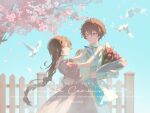  1boy 1girl absurdres arm_around_another's_waist bird blue_sky bouquet brown_eyes brown_hair cherry_blossoms commentary_request commission couple dress fence flower gem hair_between_eyes hands_on_another's_shoulders highres jacket jewelry long_hair long_sleeves looking_at_another medium_hair miren_de_du_nan neck_ribbon original pants red_flower red_rose ribbon rose short_sleeves sky suit_jacket suit_pants translation_request white_pants 