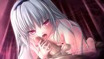  1girl blush breasts caressing_testicles censored fellatio hairband hetero long_hair looking_at_viewer nipples nude open_mouth oral original penis red_eyes silver_hair small_breasts solo_focus testicles tongue tongue_out uro_(uroboros) 