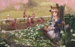 6+girls absurdres animal_ears araca_ra armband black_hair blue_eyes blue_jacket blunt_bangs blush bow braid breasts brown_hair cherry_blossoms closed_eyes closed_mouth commentary commission dark-skinned_female dark_skin dress ear_bow ear_covers ear_ribbon ear_scrunchie el_condor_pasa_(umamusume) english_commentary eye_mask flower golden_generation_(umamusume) grass_wonder_(stone-piercing_blue)_(umamusume) grass_wonder_(umamusume) green_bow grey_hair hair_between_eyes hair_ornament hairband hairclip half_up_braid highres hime_cut hishi_amazon_(umamusume) horse_ears horse_girl horse_tail jacket king_halo_(umamusume) leaning_forward long_hair long_sleeves lying mask multicolored_hair multiple_girls naginata on_back open_mouth orange_hair orange_tail outdoors pants pantyhose polearm ponytail purple_bow red_armband red_eyes red_jacket red_pants red_scrunchie red_track_suit running sailor_collar scrunchie seiun_sky_(umamusume) shoes short_hair silence_suzuka_(umamusume) single_ear_cover sitting smile special_week_(umamusume) standing standing_on_one_leg stretching striped_clothes striped_scrunchie sunflower tail tracen_training_uniform track_jacket track_pants track_suit two-tone_hair umamusume wariza weapon white_dress white_hair white_hairband white_sailor_collar 