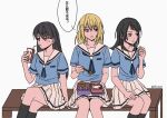  3girls atsubomi bang_dream! bang_dream!_it's_mygo!!!!! bento black_hair black_socks blonde_hair blue_eyes blue_shirt blush chinese_text chopsticks closed_mouth commentary drinking_straw drinking_straw_in_mouth eating hanasakigawa_school_uniform highres holding holding_chopsticks kneehighs medium_hair misumi_uika mole mole_under_eye multiple_girls purple_eyes sailor_collar school_uniform serafuku shiina_taki shirt simple_background sitting skirt socks translation_request untranslatable_commentary white_background white_sailor_collar white_skirt yahata_umiri 