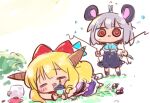  2girls =_= @_@ animal animal_ears animal_on_head bishamonten's_pagoda black_dress black_sandals blonde_hair bow brown_eyes chibi closed_eyes commentary_request dowsing_rod dress drooling fang flying_sweatdrops grey_hair hair_bow holding horns ibuki_suika kasuga_yuuki long_hair long_sleeves mouse_(animal) mouse_ears mouse_girl mouse_tail multiple_girls nazrin on_head oni parted_lips pink_shirt puffy_long_sleeves puffy_sleeves purple_skirt red_bow sandals shirt skirt tail touhou unworn_sandals very_long_hair white_shirt 