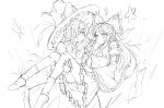  2girls ascot bloomers bow bowtie braid carrying chinese_commentary commentary_request detached_sleeves eye_contact frilled_bow frilled_hair_tubes frilled_sleeves frills greyscale hair_bow hair_tubes hakurei_reimu hat hat_bow highres jira kirisame_marisa long_hair looking_at_another monochrome multiple_girls princess_carry side_braid single_braid socks touhou wide_sleeves witch_hat yuri 