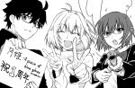  1boy 2girls ahoge anniversary antenna_hair arcueid_brunestud bow ciel_(tsukihime) closed_eyes collared_shirt double_v english_text gakuran glasses hair_between_eyes hair_intakes happy holding holding_sign jacket jewelry looking_at_viewer metarogu monochrome multiple_girls necklace open_clothes open_jacket open_mouth party_popper school_uniform shirt short_hair sidelocks sign smile souya_high_school_uniform sweater teeth tohno_shiki tsukihime tsukihime_(remake) turtleneck turtleneck_sweater upper_body upper_teeth_only v vest white_sweater 