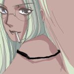  1girl black_eyes blonde_hair cigarette commentary_request dark-skinned_female dark_skin from_side glasses hellsing integra_hellsing long_hair looking_at_viewer lowres oekaki portrait smile smoking solo strap_slip toshimichi_yukari 