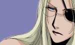  1girl bare_shoulders blonde_hair blue_background blue_eyes dark-skinned_female dark_skin expressionless eyepatch glasses hellsing integra_hellsing lips lowres oekaki portrait solo toshimichi_yukari 