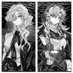  2girls arm_out_of_sleeve black_background blue_eyes braid closed_mouth coat collared_shirt fang fang_out fur-trimmed_coat fur_trim gloves greyscale hair_over_one_eye headscarf highres jacket long_hair mole mole_under_mouth monochrome multiple_girls necktie one_eye_covered purple_eyes reverse:1999 shirt skirt smile spot_color upper_body vila_(reverse:1999) windsong_(reverse:1999) xihua_ovo 