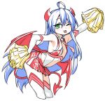  1girl ahoge blue_hair breasts cheerleader clothing_cutout commentary_request cropped_legs demon_girl demon_horns demon_tail demon_wings elbow_gloves gloves green_eyes hair_between_eyes hand_on_own_hip highres holding holding_pom_poms horns houtengeki izumi_konata izumi_konata_(succubus_cheer) long_hair lucky_star mole mole_under_eye necktie one_eye_closed pink_necktie pleated_skirt pom_pom_(cheerleading) print_necktie red_horns red_skirt red_slingshot_swimsuit red_tail red_wings simple_background skirt sling_bikini_top slingshot_swimsuit small_breasts solo stomach_cutout swimsuit tail thighhighs tongue tongue_out two-tone_shirt underbust white_background white_gloves white_skirt white_thighhighs wings 